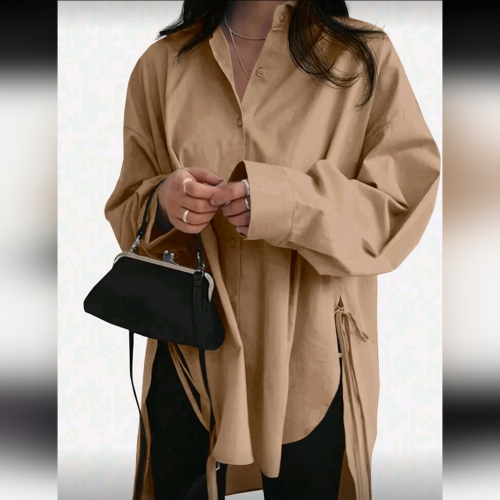 Inawly Oversized High Low Long Sleeve Button Down Shirt, 6 (M), Golden Tan